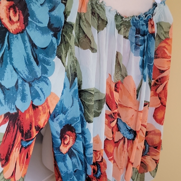 Floral Off-Shoulder Blouse Sheer Blue Teal Orange Green - Picture 11 of 12